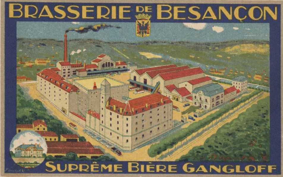 carte de publicité en couleurs pour la bière Gangloff avec dessin de l'usine