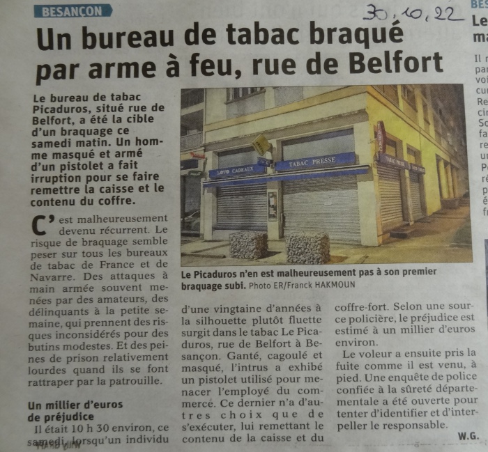 Est 30/10/22 braquage tabac