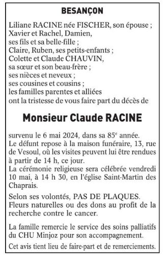 avis de décès de Claude Racine